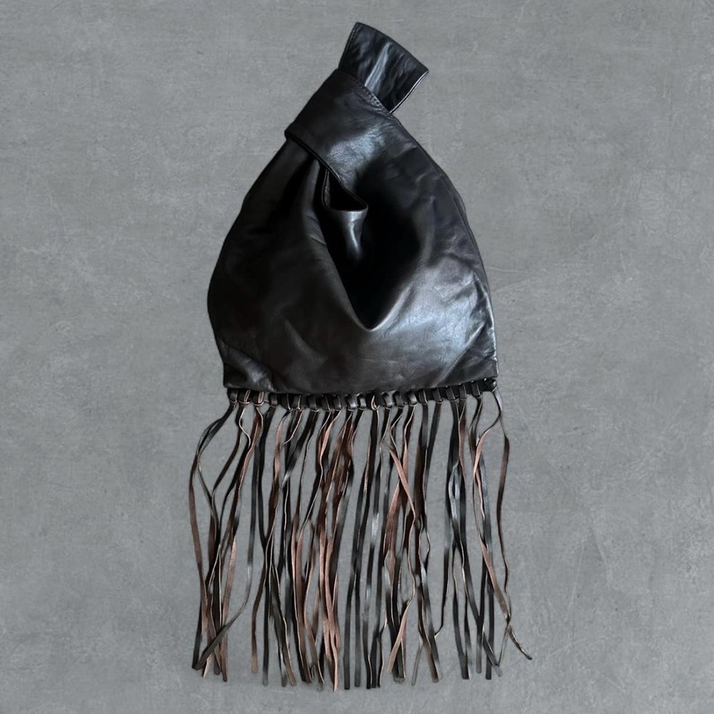 Dark brown small real leather fringe bag
